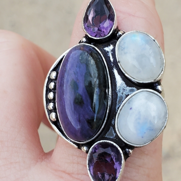 New Charoite, Rainbow Moonstone, and Amethyst 925 Silver Ring. - Picture 14 of 16